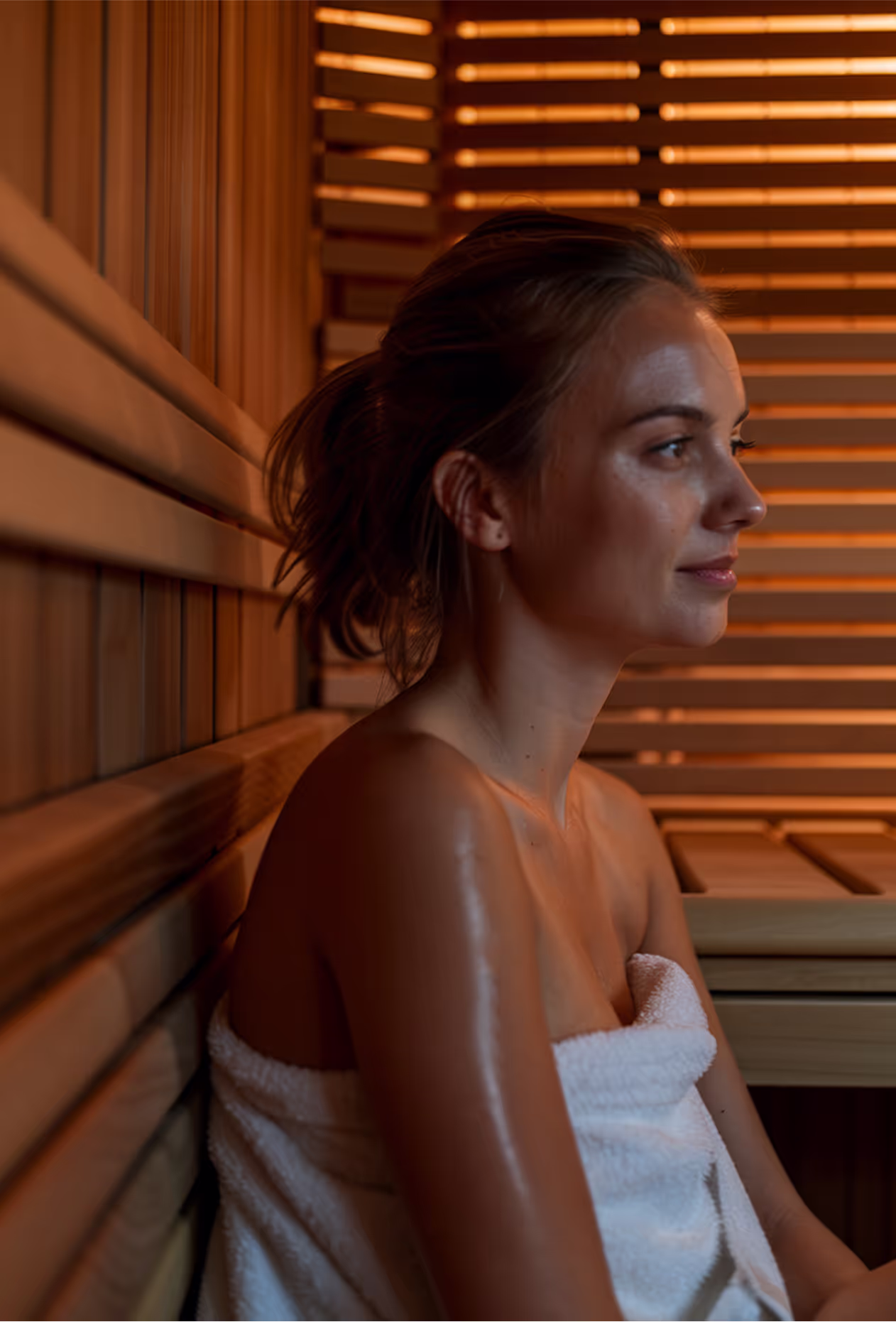 Resident enjoying the sauna at Cascade apartments wellness spaces, London