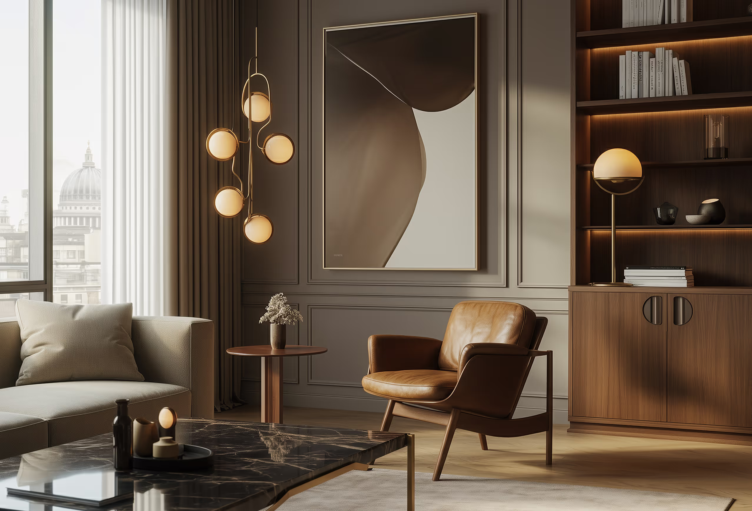 Elegant apartment lounge interior with St Paul’s Cathedral view, London