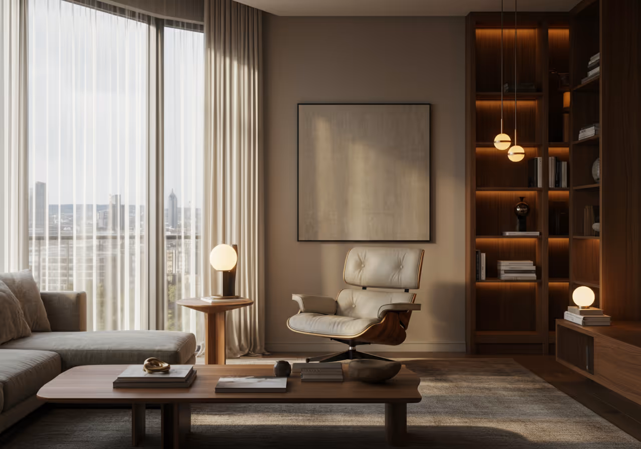 Apartment living room with floor-to-ceiling windows and London city view