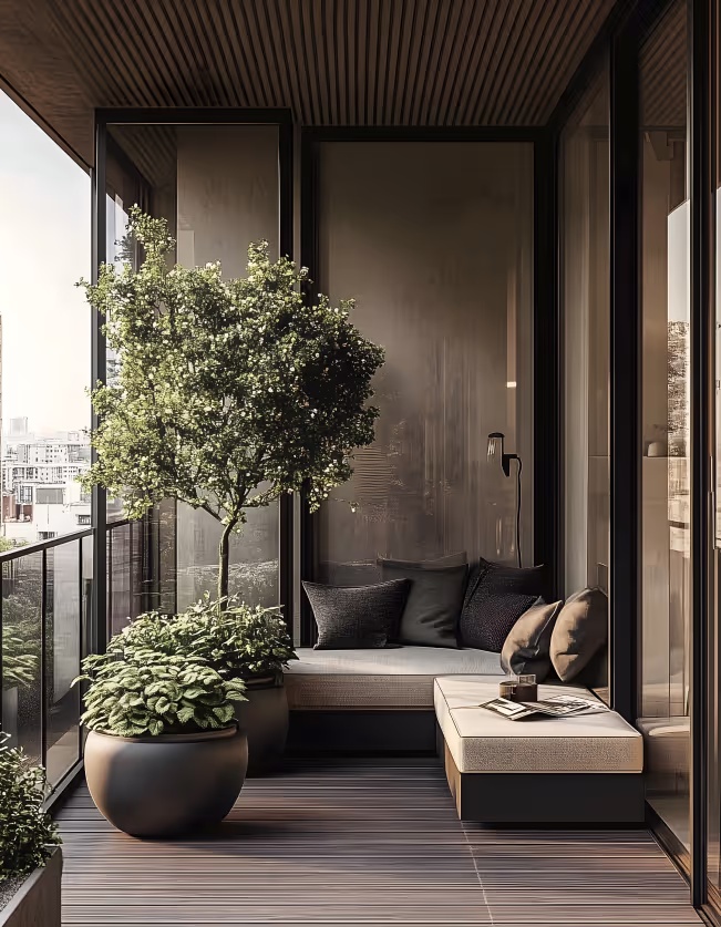 Private balcony terrace with seating and plants at a Canary Wharf apartment