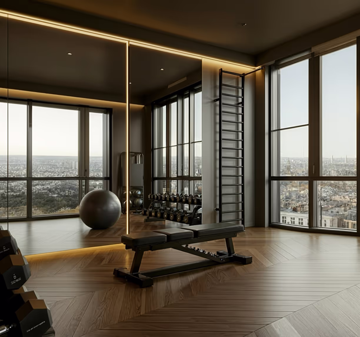 Residents’ gym with panoramic London views at Cascade, Canary Wharf