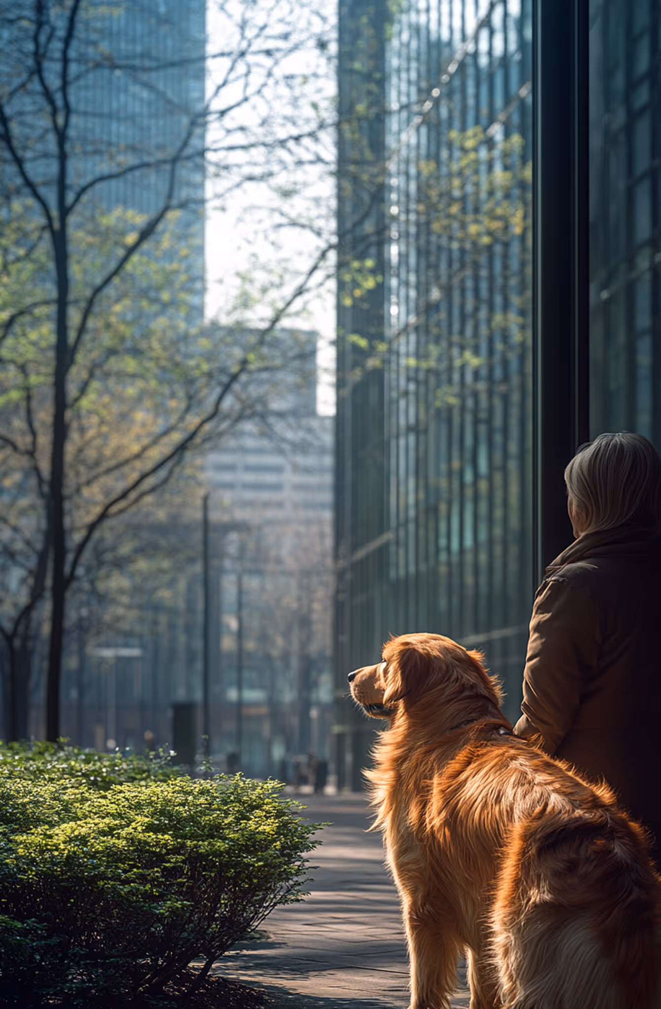 Resident walking a dog at dog-friendly Cascade apartments, Canary Wharf