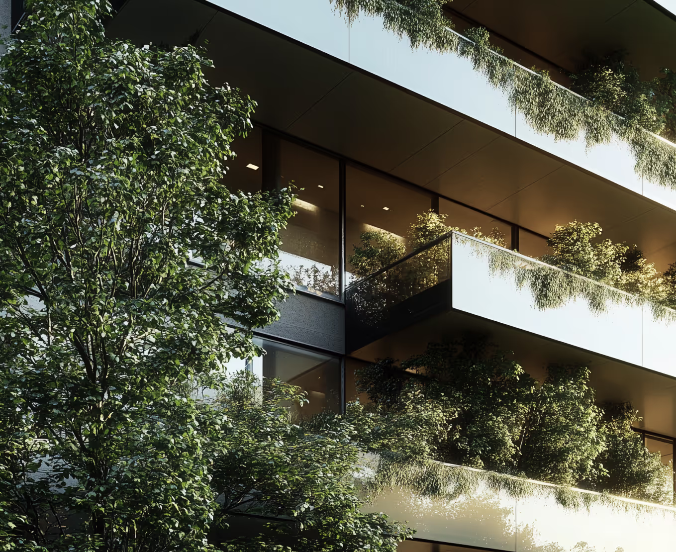 Eco-friendly apartment building with green planted balconies, London