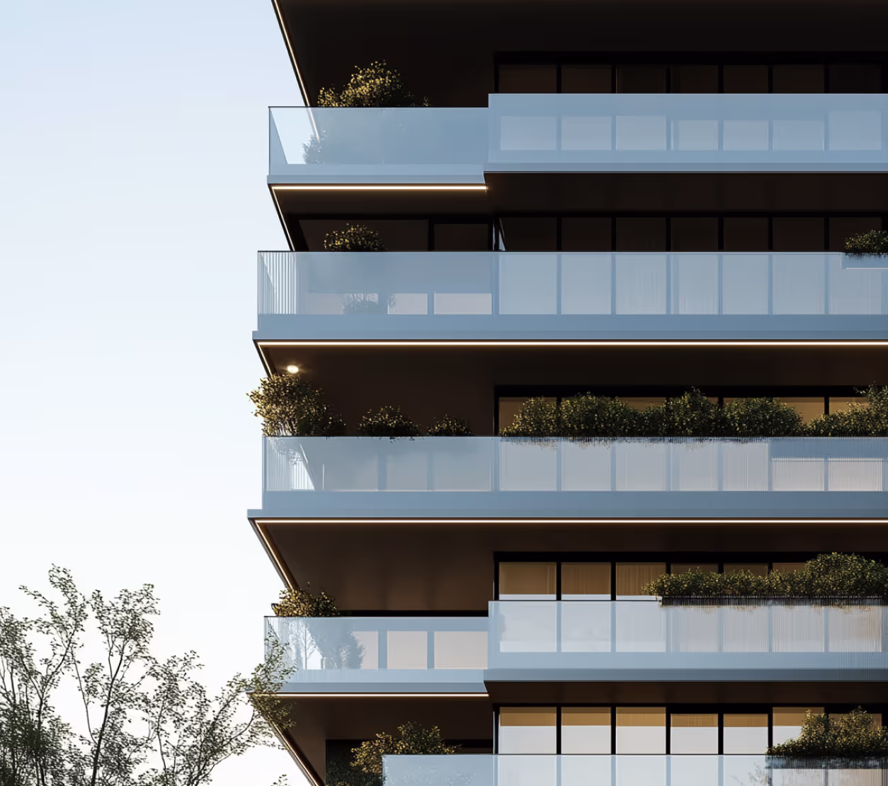Glass balconies with greenery at Cascade apartments in London