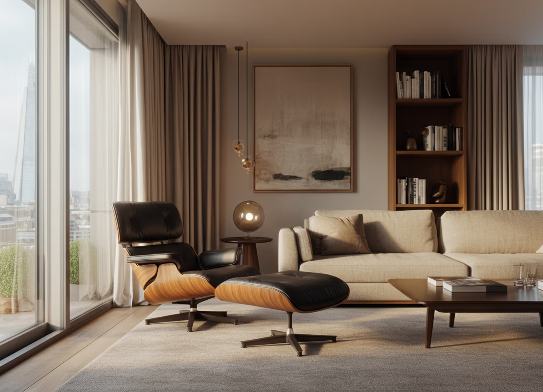 Luxury apartment living room with designer furniture and London views