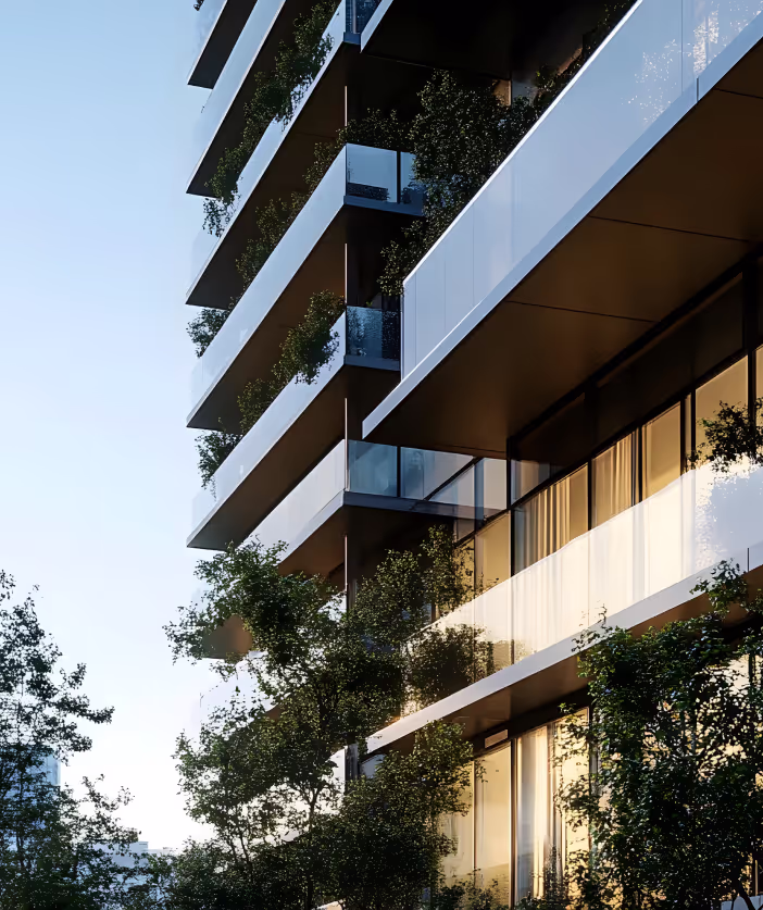 Glass facade with planted balconies at Cascade luxury apartments, Canary Wharf