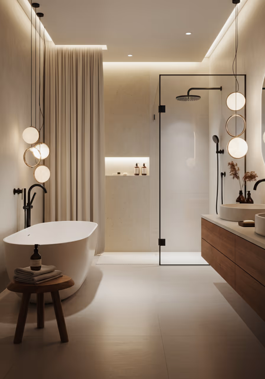 Luxury apartment bathroom with freestanding bath, London