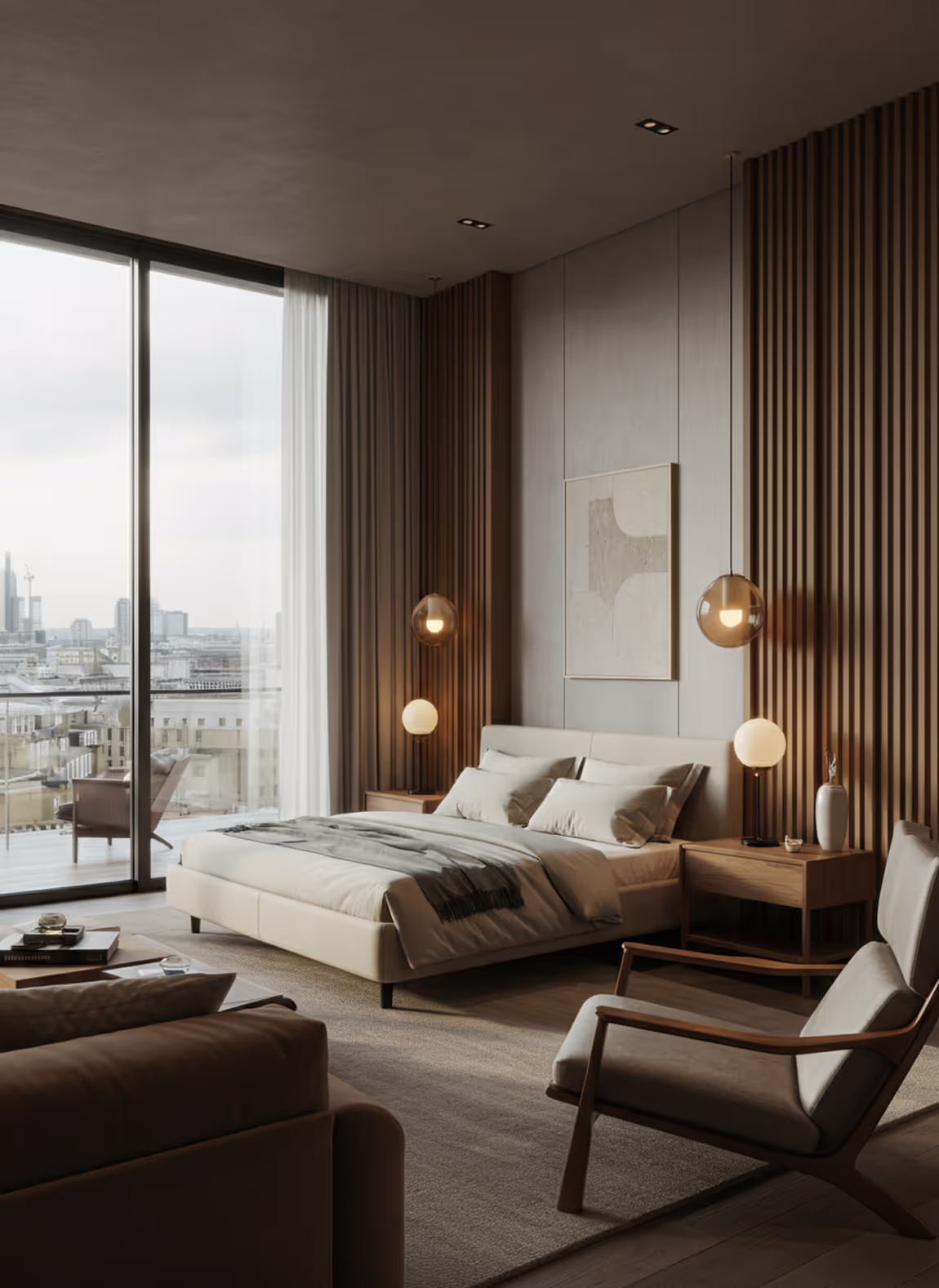 Luxury bedroom with wood panelling and skyline balcony in a Canary Wharf apartment