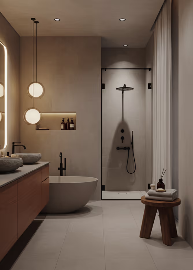 Modern bathroom with walk-in shower in a London apartment