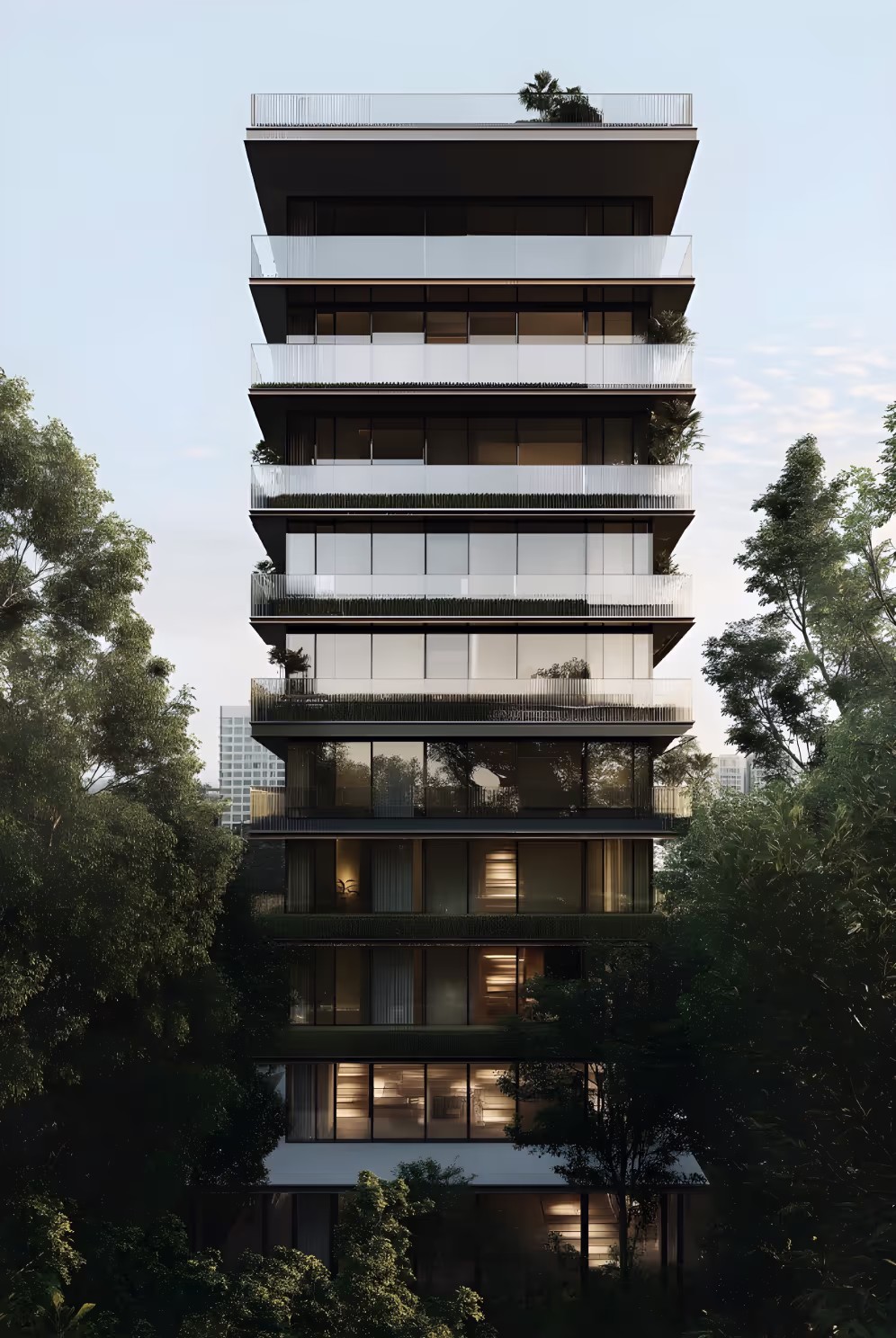 New build residential tower at dusk, Cascade apartments in Canary Wharf, London