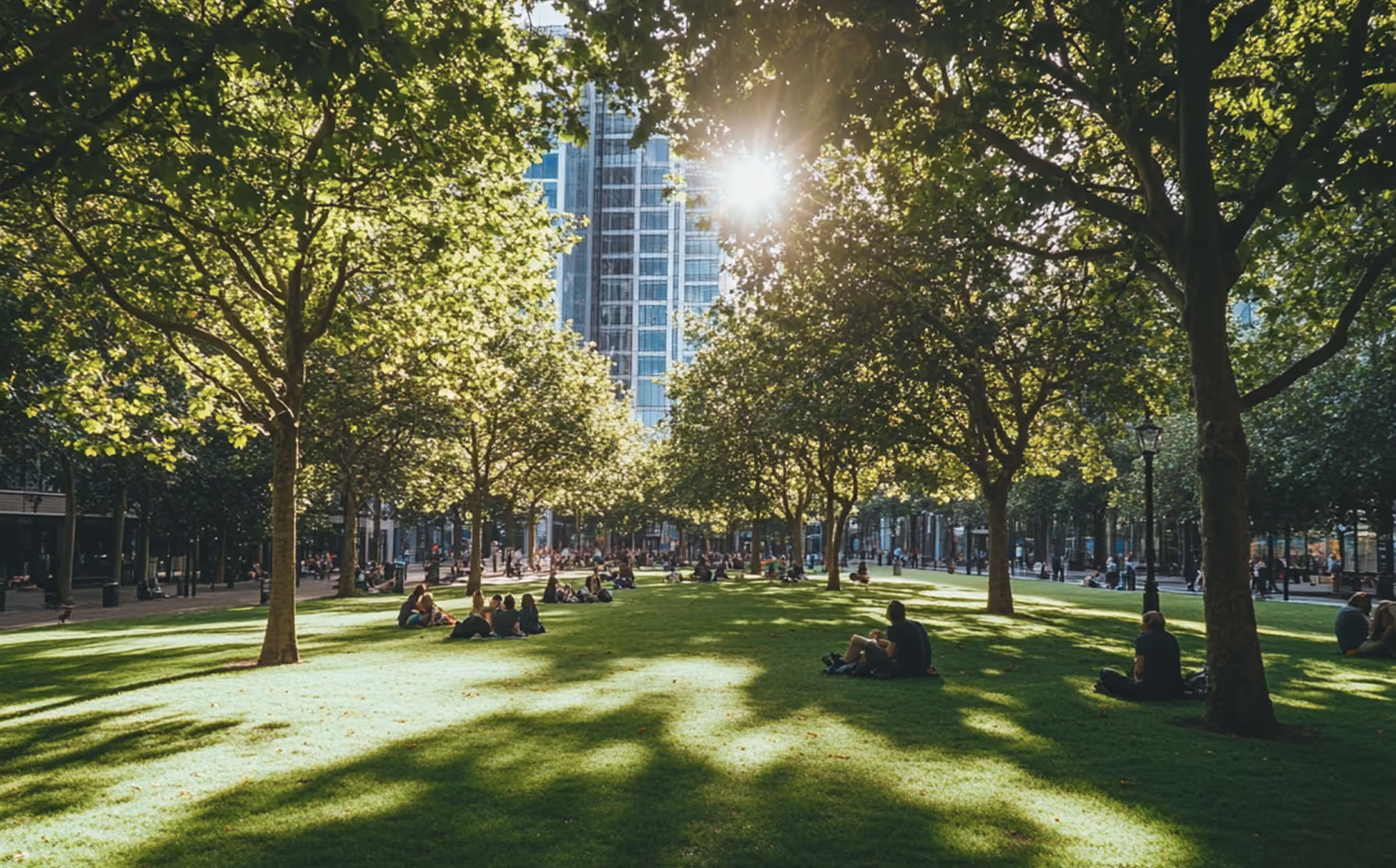 Green park beside Cascade apartments in Canary Wharf, London