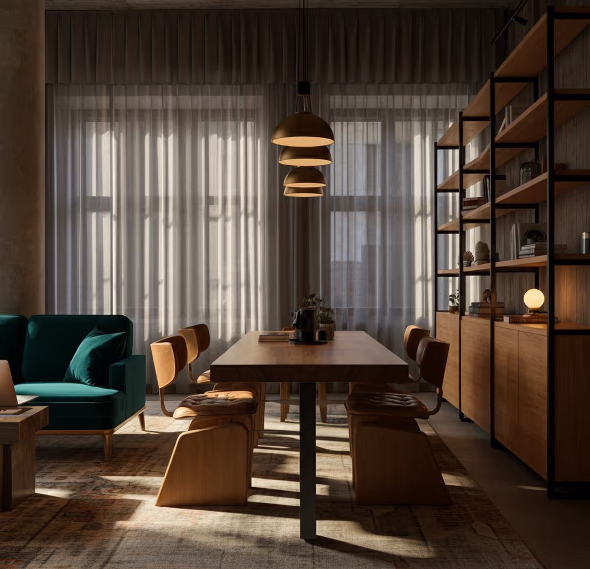 Shared work table in the residents’ co-working space at Cascade, Canary Wharf