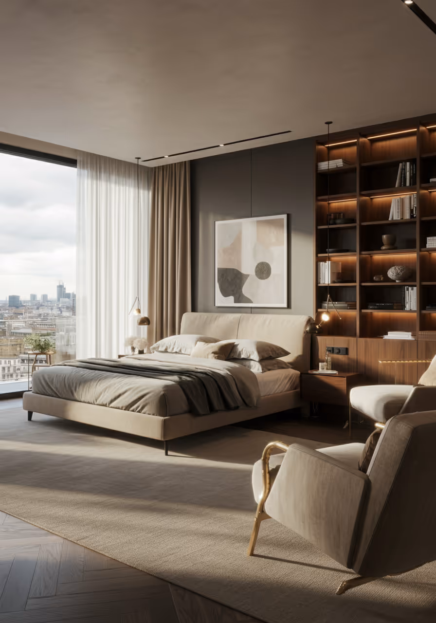 Bedroom with London skyline view in a two-bedroom Canary Wharf apartment